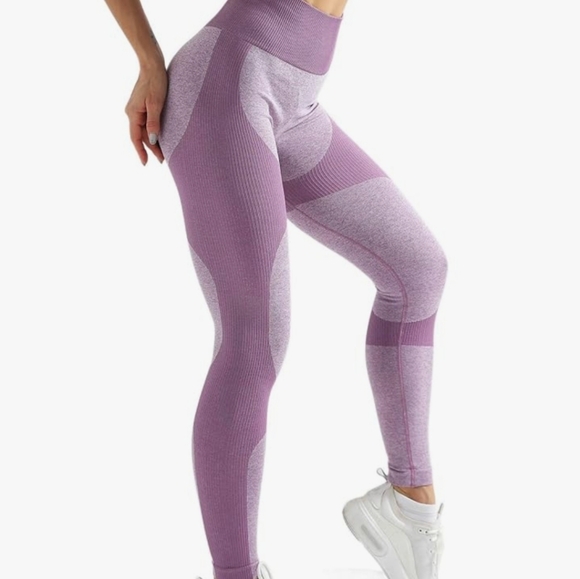 Lilac Two Tone High Waisted Compression Tummy Control Athletic Yoga Leggings - Picture 4 of 11